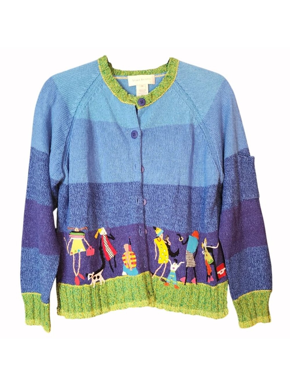 Susan Bristol Blue Cardigan M 2001 Hand Embroidered People Dogs Y2K Art To Wear